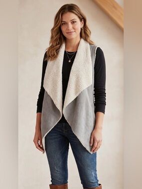 Gray Faux Suede & Sherpa Open Vest Made in Italy Boutique Piece Size Medium